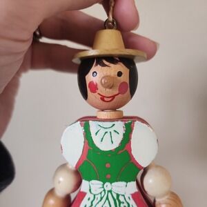 Jumping Jack Wooden Pull String Austrian Girl Christmas Tree Ornament Pink Green